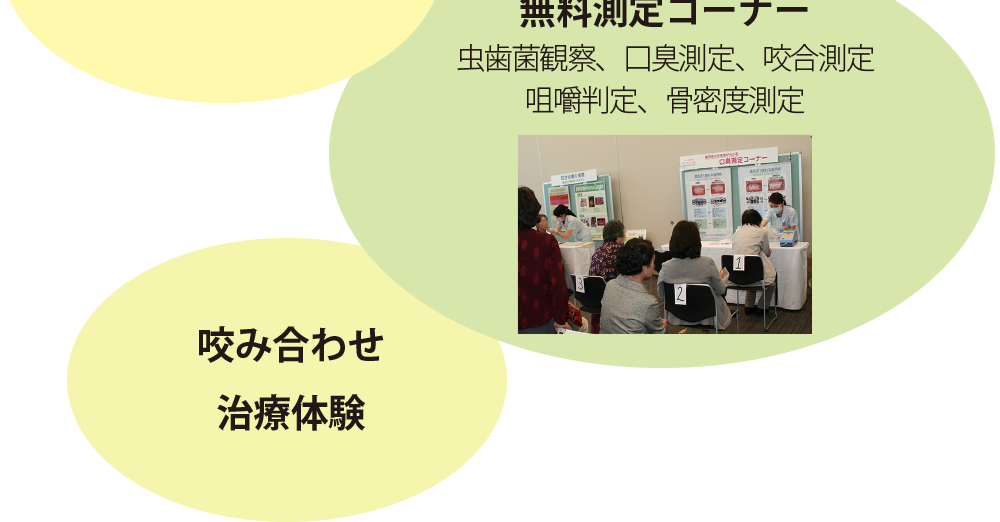 無料測定コーナー　虫歯菌観察、口臭測定、咬合測定、咀嚼判定、骨密度測定